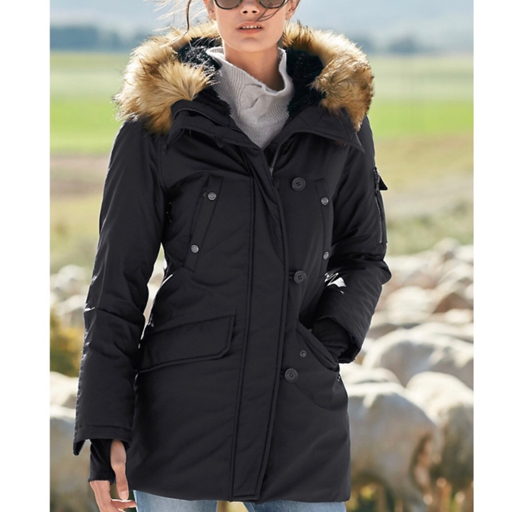 S13 Eskimo Parka Midlength Faux Fur Jacket in Black Size Small